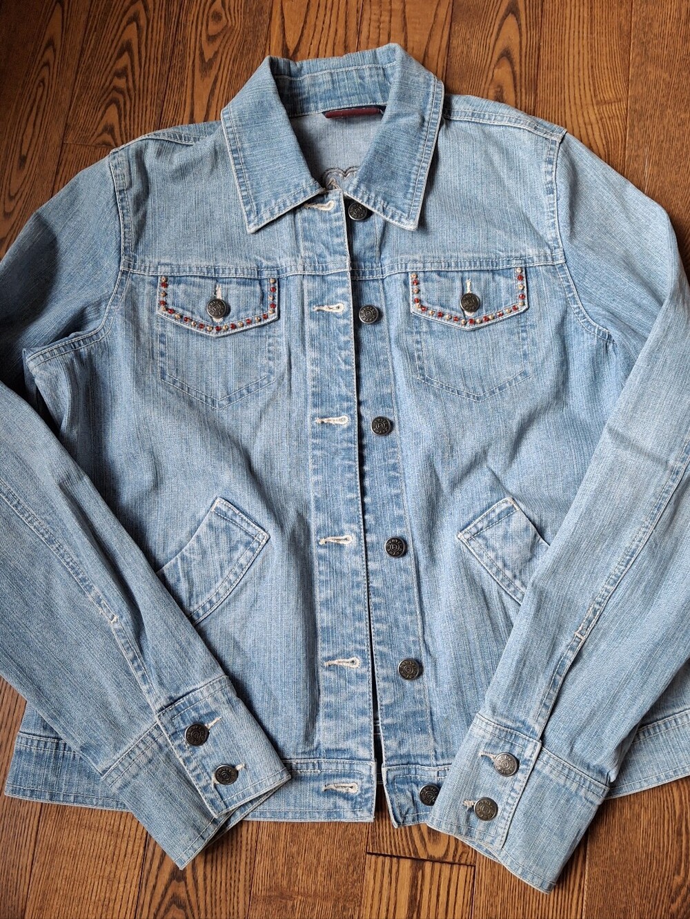 Light Wash Denim Jacket - Classic Women's Jean Jacket With Beautiful Beading